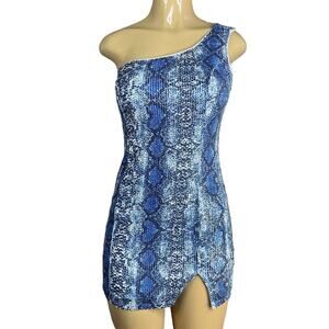 superdown Blue Snake-Print One-Shoulder Mini Dress